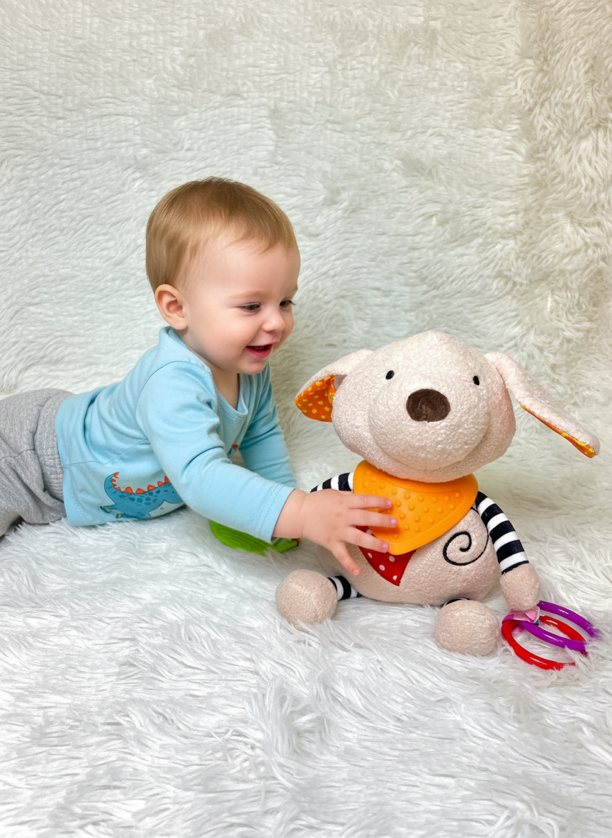 Peluche Antialèrgico de Perro con Mordedor de Silicona y Texturas Juguete de Apego para Bebés