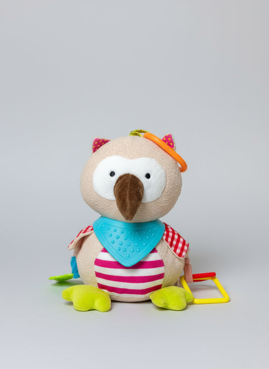 Peluche Antialèrgico Búho de Actividades Sensoriales para Bebés con Bandana Mordedor y Sonido