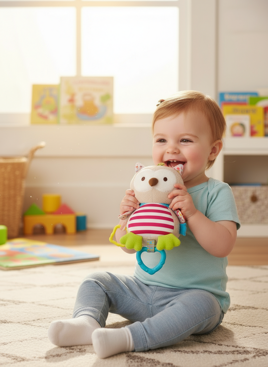 Peluche Antialèrgico Búho de Actividades Sensoriales para Bebés con Bandana Mordedor y Sonido